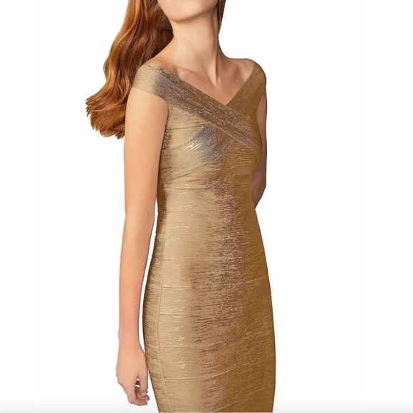 Herv Leger Dresses | Herv Leger Gold With Tag Foil Knit Bodycon Cocktail Dress | Color: Gold | Size: S | Roubenkleiman's Closet